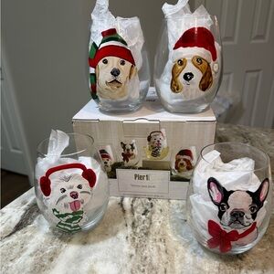 PIER 1 Holiday Christmas Festive Dogs Hand Painted Stemless Wine Glass Set/4 NEW